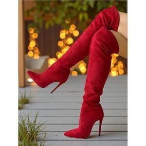 Red Over-the-Knee Stiletto Suede Pointed Toe Boots Size 7
